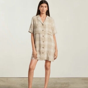 Everlane 100% Linen Dress Plaid Cream Tan Mini Short Sleeve XS Shirtdress Pocket